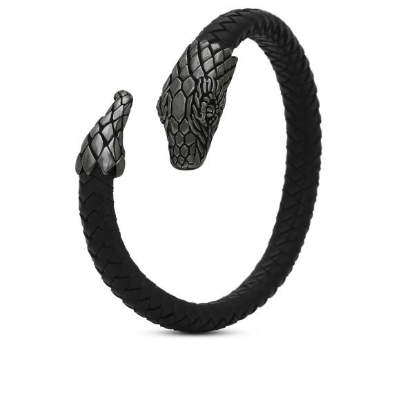 S25BLK Slang Armband zwart rhodium & leder SXM - Fierce Collectie